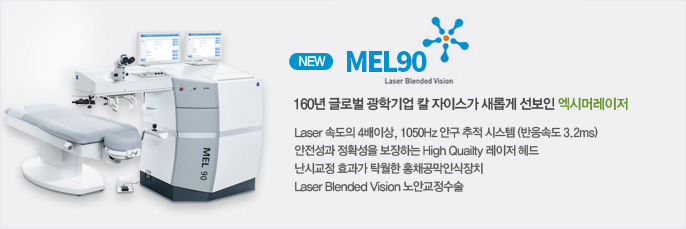 NEW MEL90 - 160년 글로벌 광학기업 칼 자이스가 새롭게 선보인 엑시머레이저 - Laser 속도의 4배이상, 1050Hz 안구 추적 시스템 (반응속도 3.2ms) 안전성과 정확성을 보장하는 High Quailty 레이저 헤드 난시교정 효과가 탁월한 홍채공막인식장치 Laser Blended Vision 노안교정수술